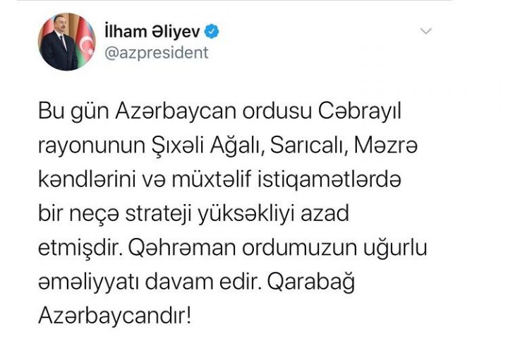 "Cəbrayılın bir neçə kəndi də işğaldan azad olunub"