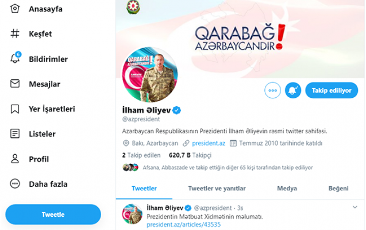 Tvitterdə qeydiyyatdan keçən hər bir azərbaycanlı Prezidenti izləyir