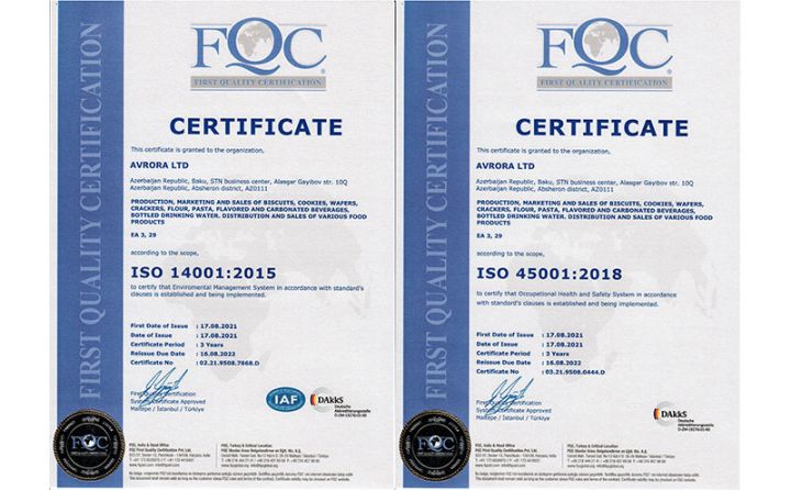 Avrora Qrup iki beynəlxalq sertifikat alıb: İSO 14001:2015 və İSO 45001:2018
